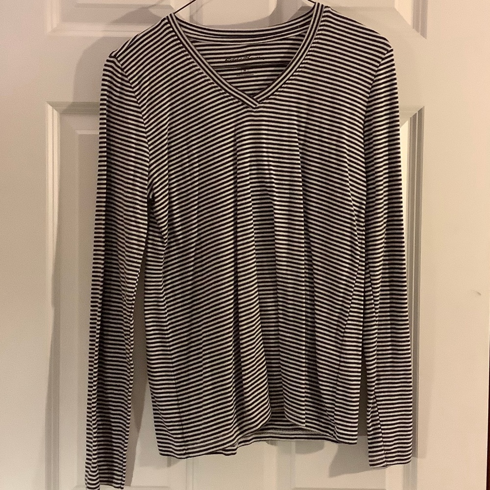 Blue and White Striped V Neck Eddie Bauer